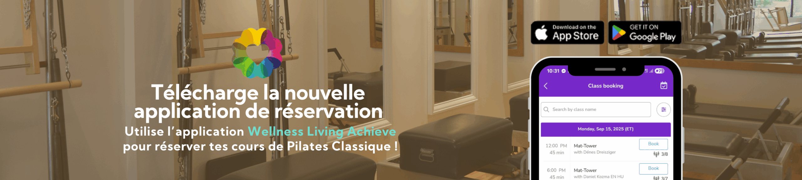 Nouvelle application de reservation de cours de Pilates